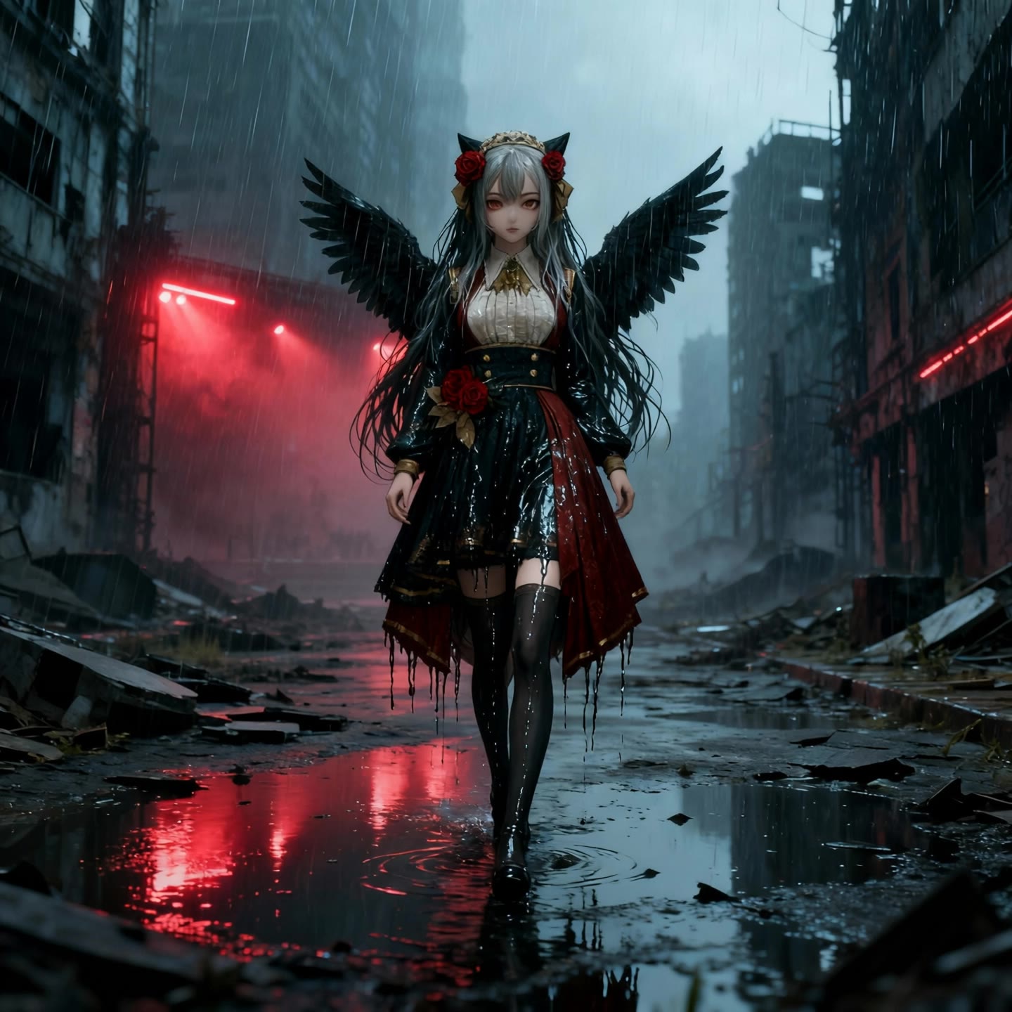 The girl walks alone in the rain - rain effect AI video