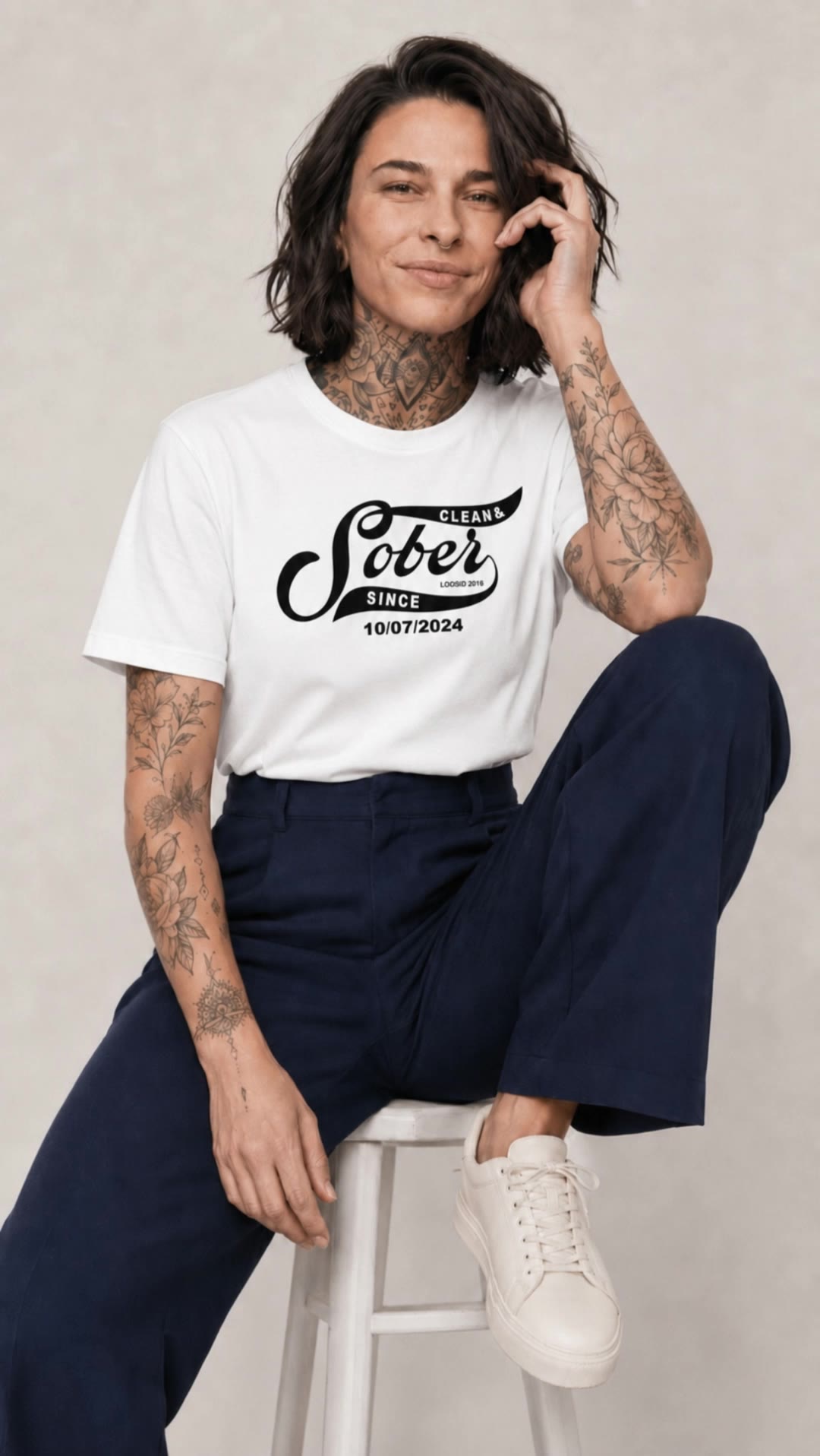 Woman wearing white t-shirt - a woman with blue hair AI video