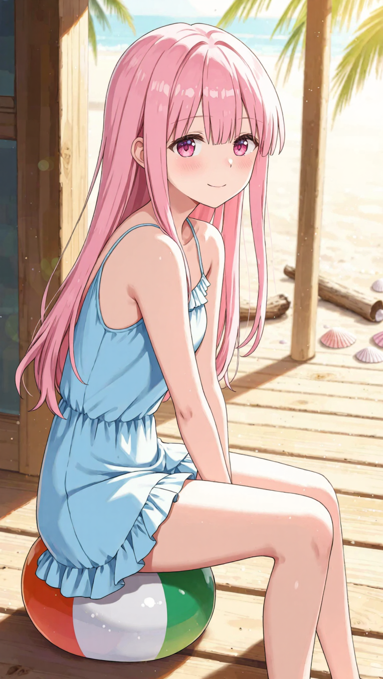 Anime girl sits on the beachball - random anime generator AI image