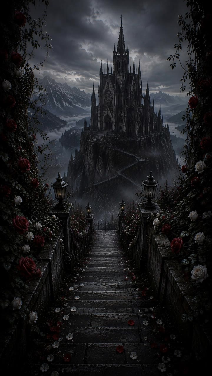 Dark Fantasy Cathedral - dark hair pink highlights AI video