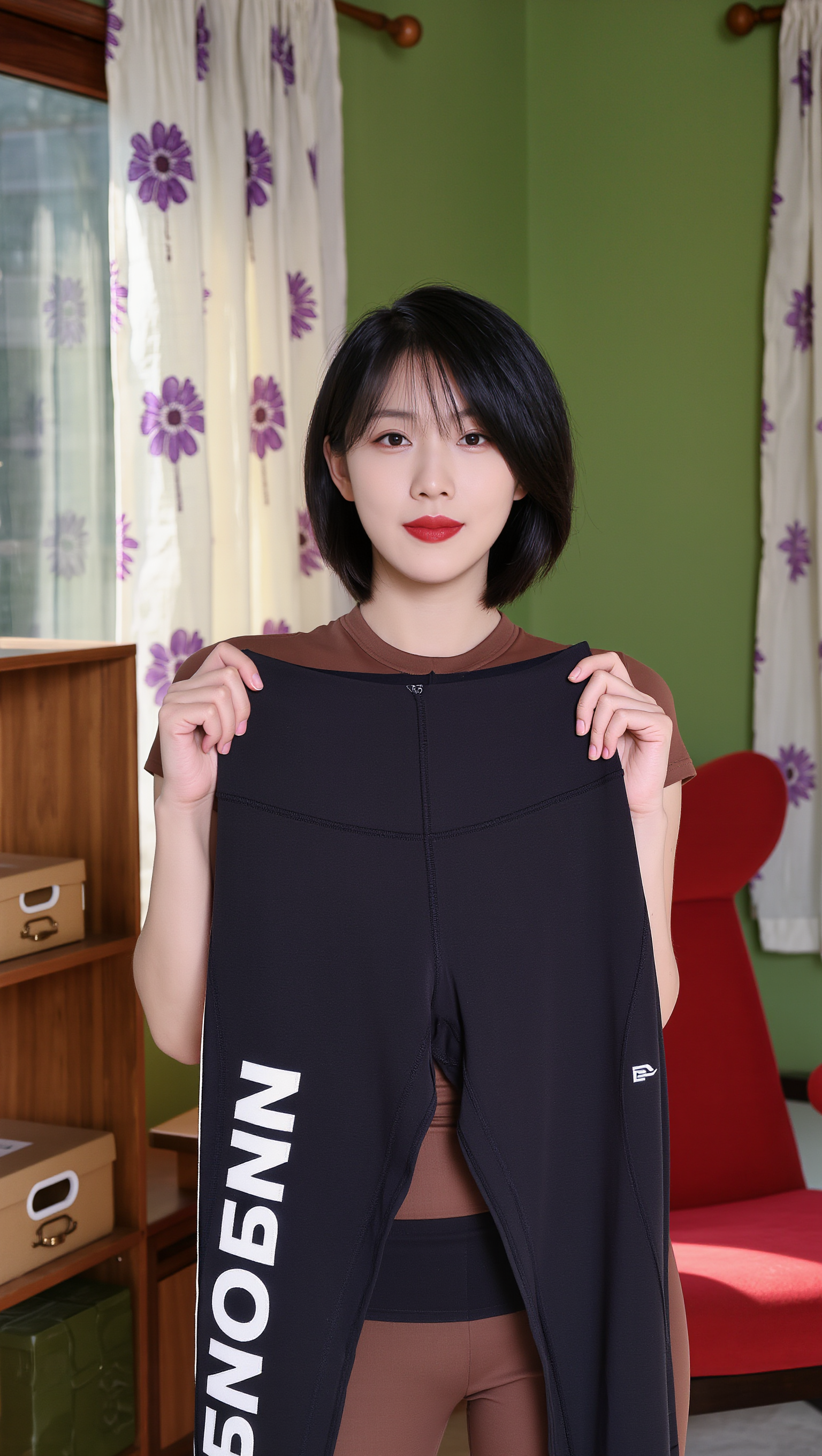 short black hair and red lipstic - hair color light brown with red highlights AI image