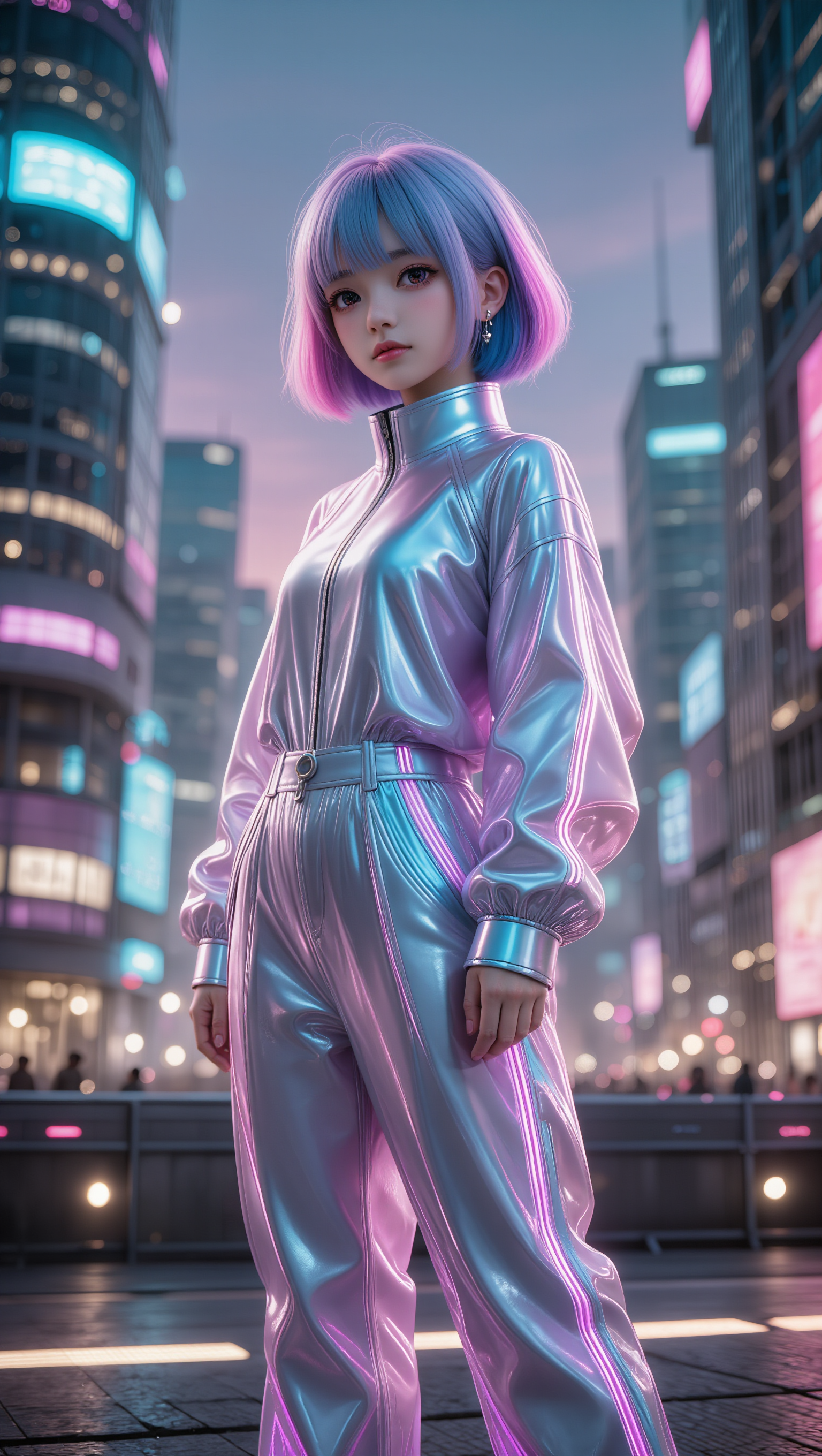 cyberpunk female idol neon light - undercut short hair female AI image