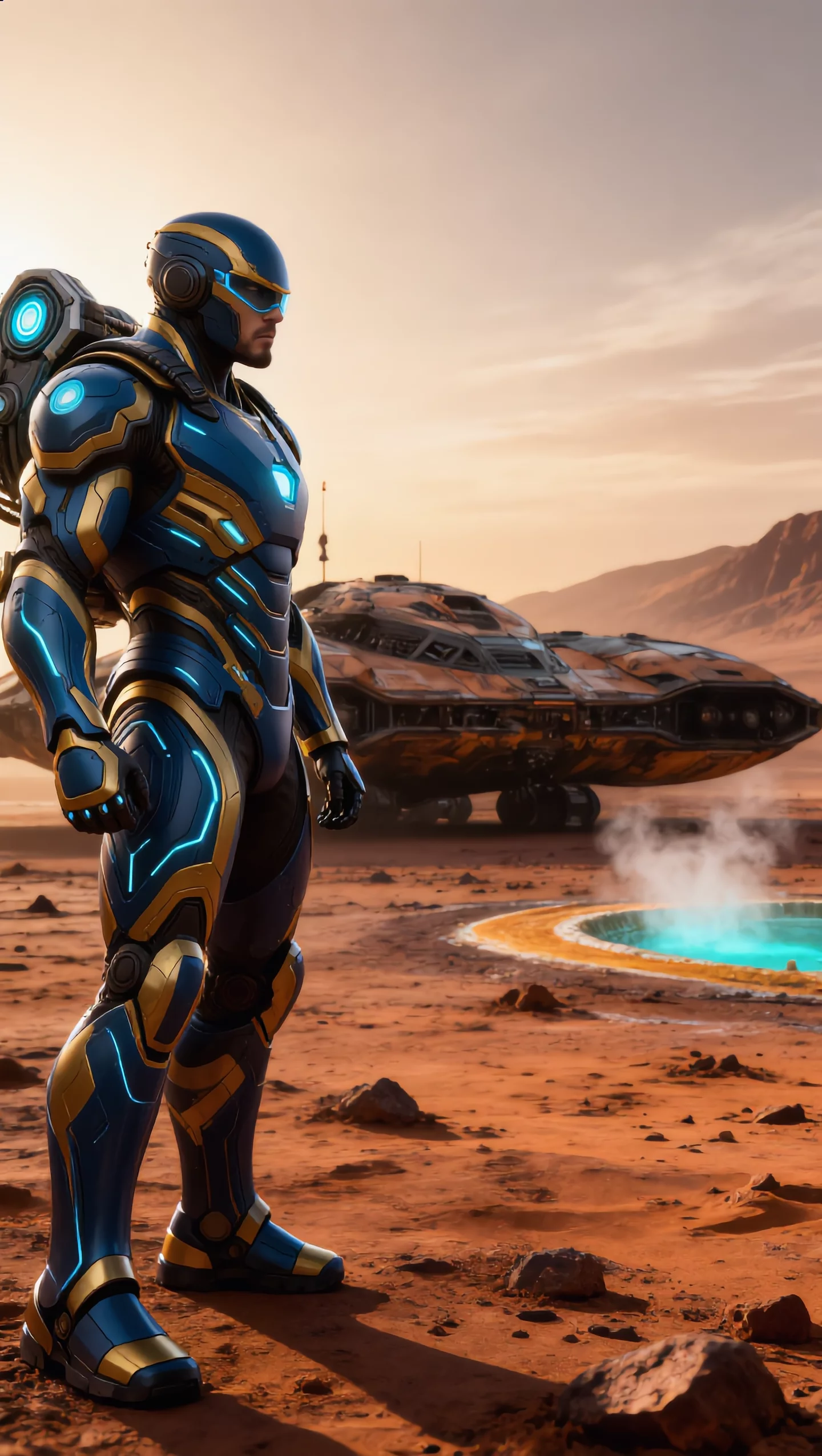 Futuristic Space Explorer In Advanced Suit With Glowing Tech On Alien ...