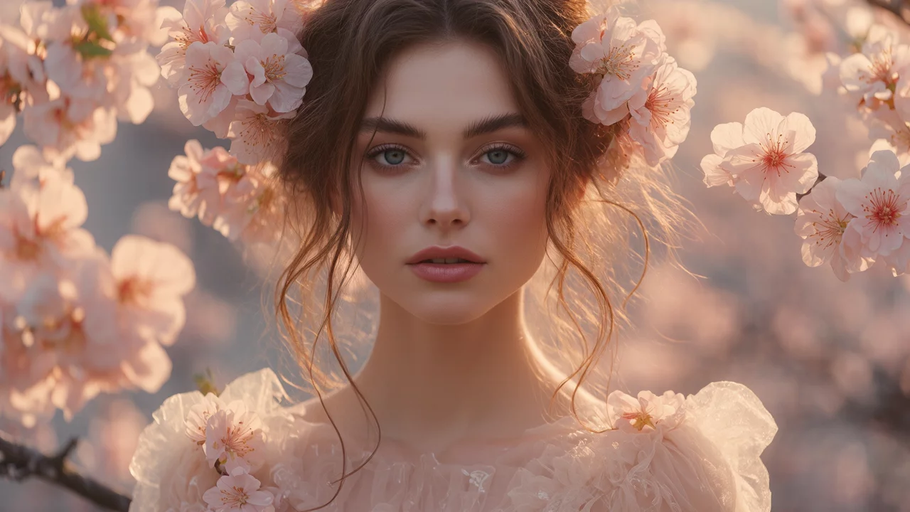 A Beautiful Girl Standing Under A Cherry Blossom Tree | AI Image