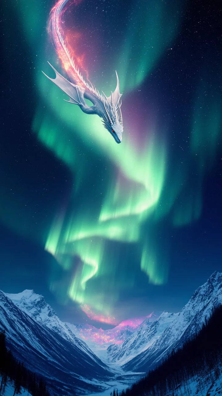 Majestic Celestial Dragon Aurora Borealis Snowy Mountain Starry Night ...