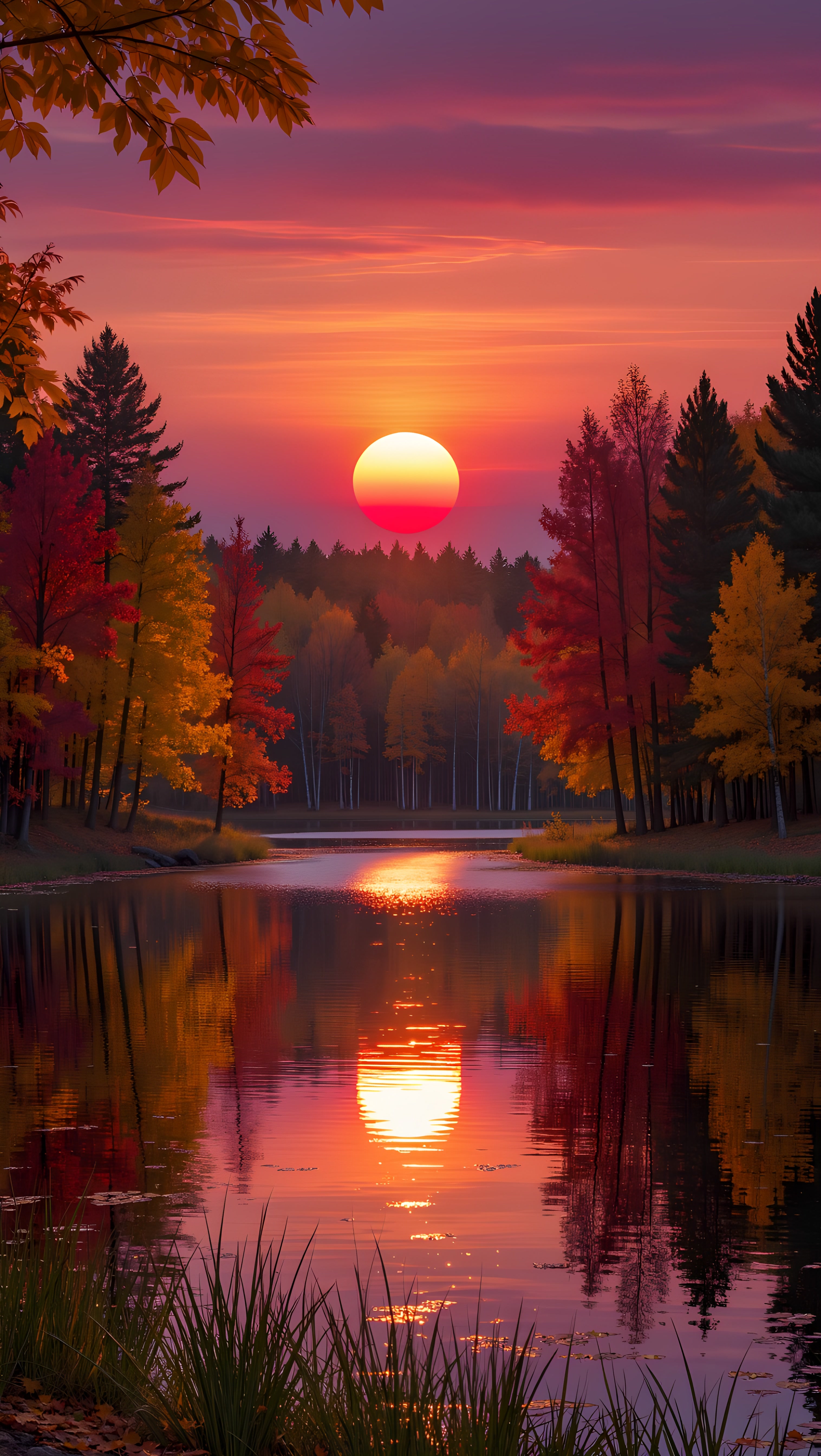 Sunset Over Autumn Forest Lake Vibrant Colors Nature Scenery | AI Image