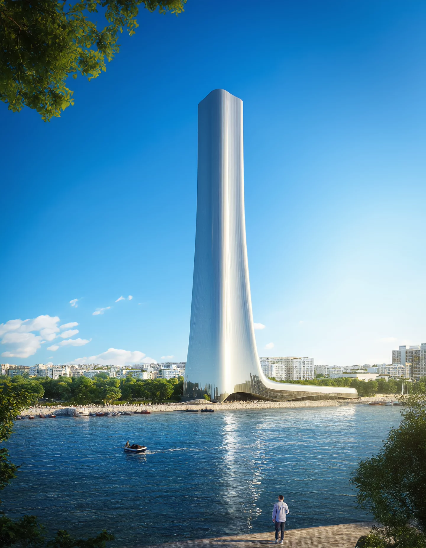 Modern Minimalist High Rise Dominates Vibrant Sun Drenched Waterfront ...