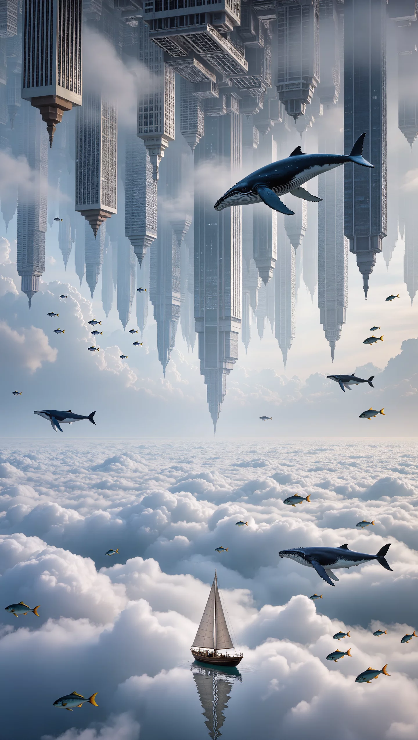 Upside Down Sky Buildings Ocean Of Clouds Flying Whales | AI Image