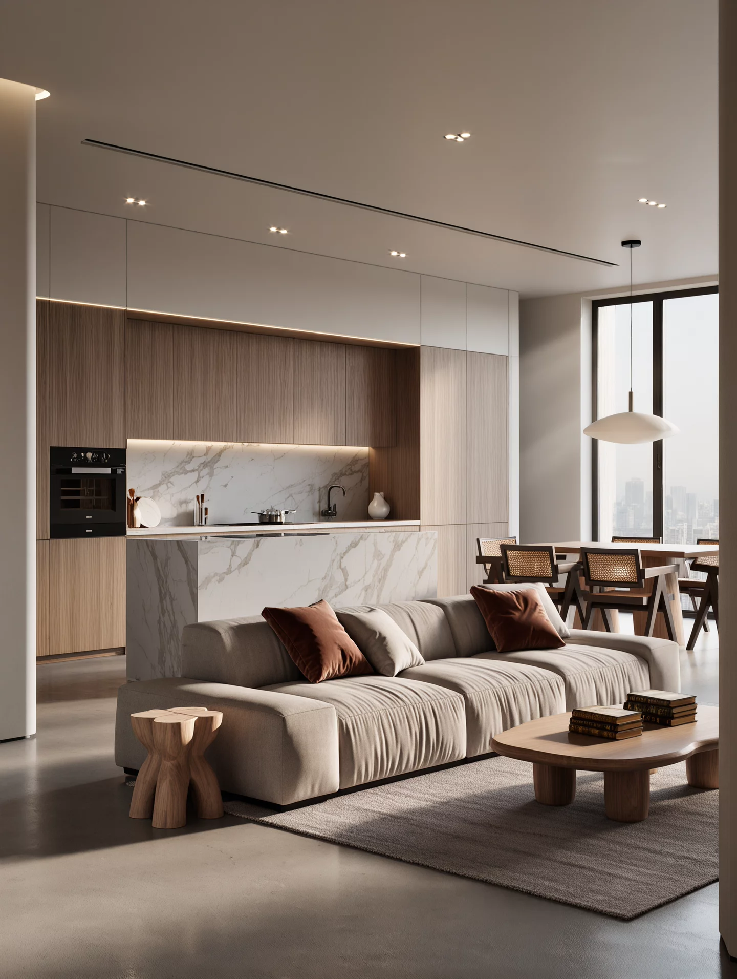 Refined Minimalism Urban Apartment Living Dining Space Design | AI Image