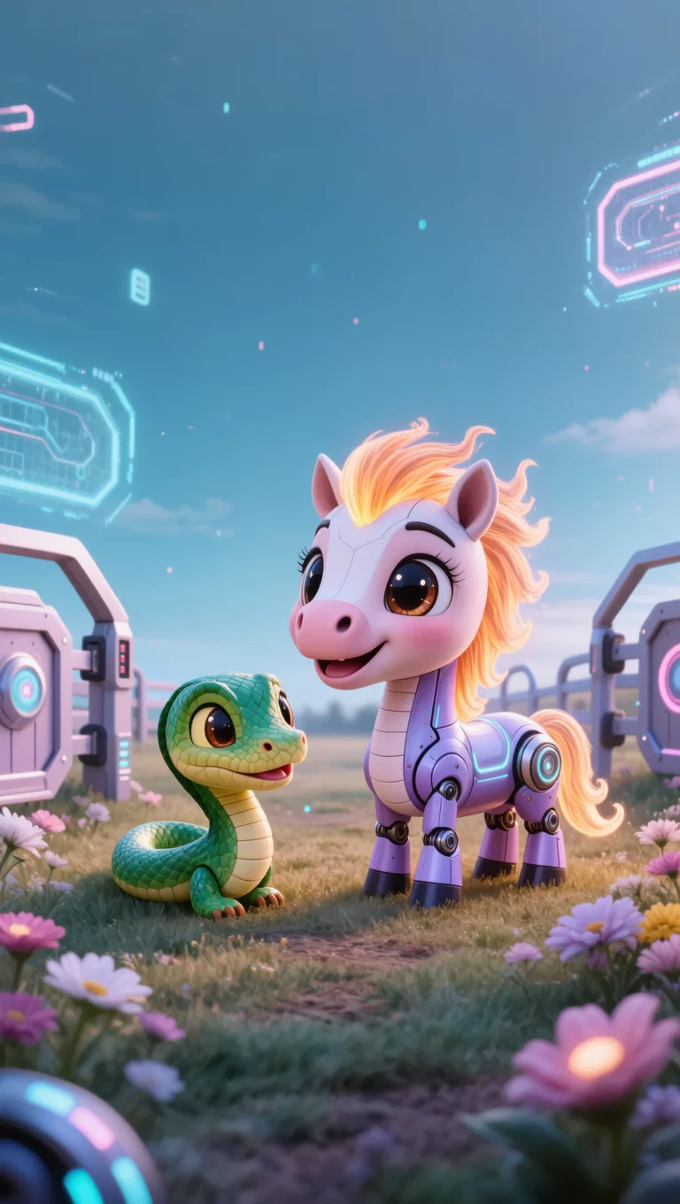 Cute Kawaii Cyber Pony And Snake Friends In Futuristic Ranch Meadow ...
