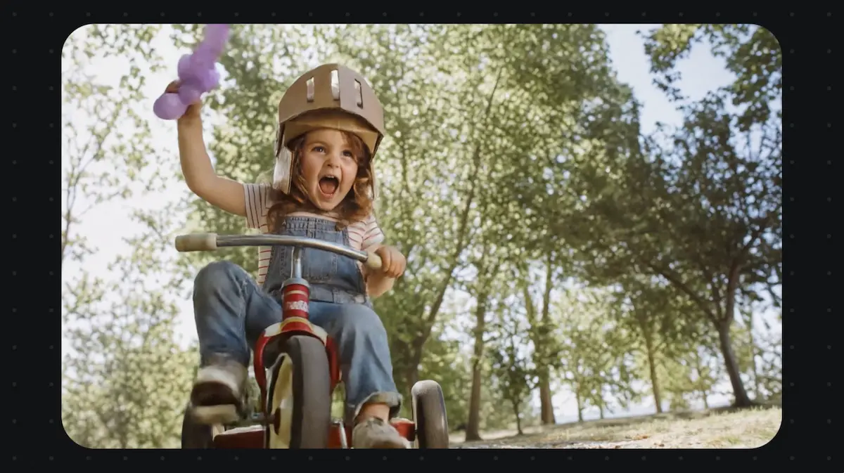Official Kling Canvas poster frame for flexible node editing showing a child on a tricycle generated clip